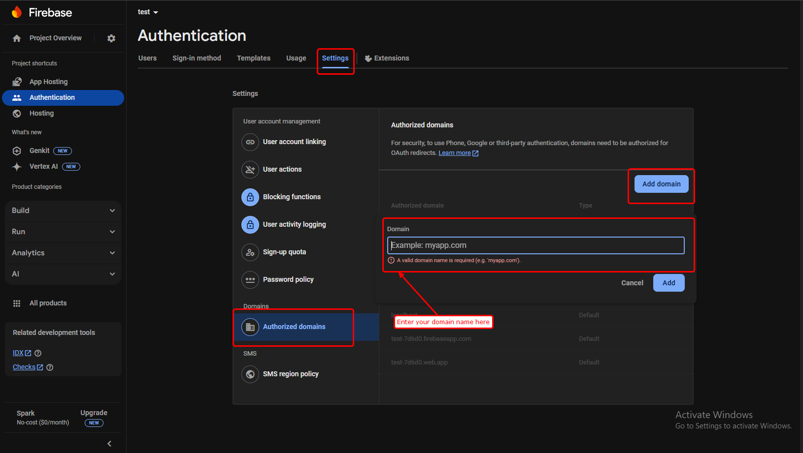 Add Authorized Domain in Firebase Settings