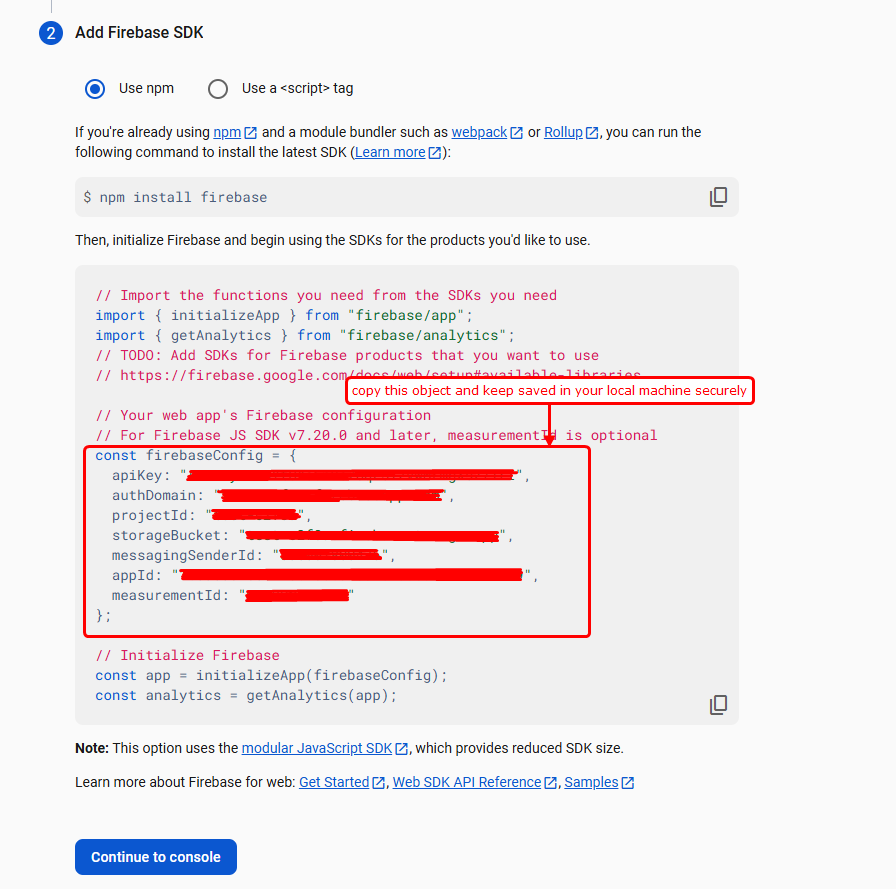 Firebase Configuration Keys Object