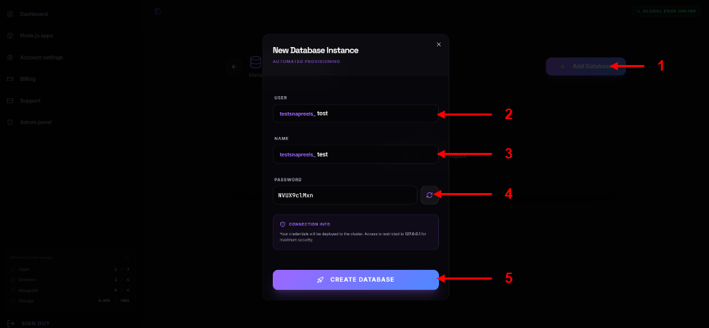 Create New Database Modal Settings